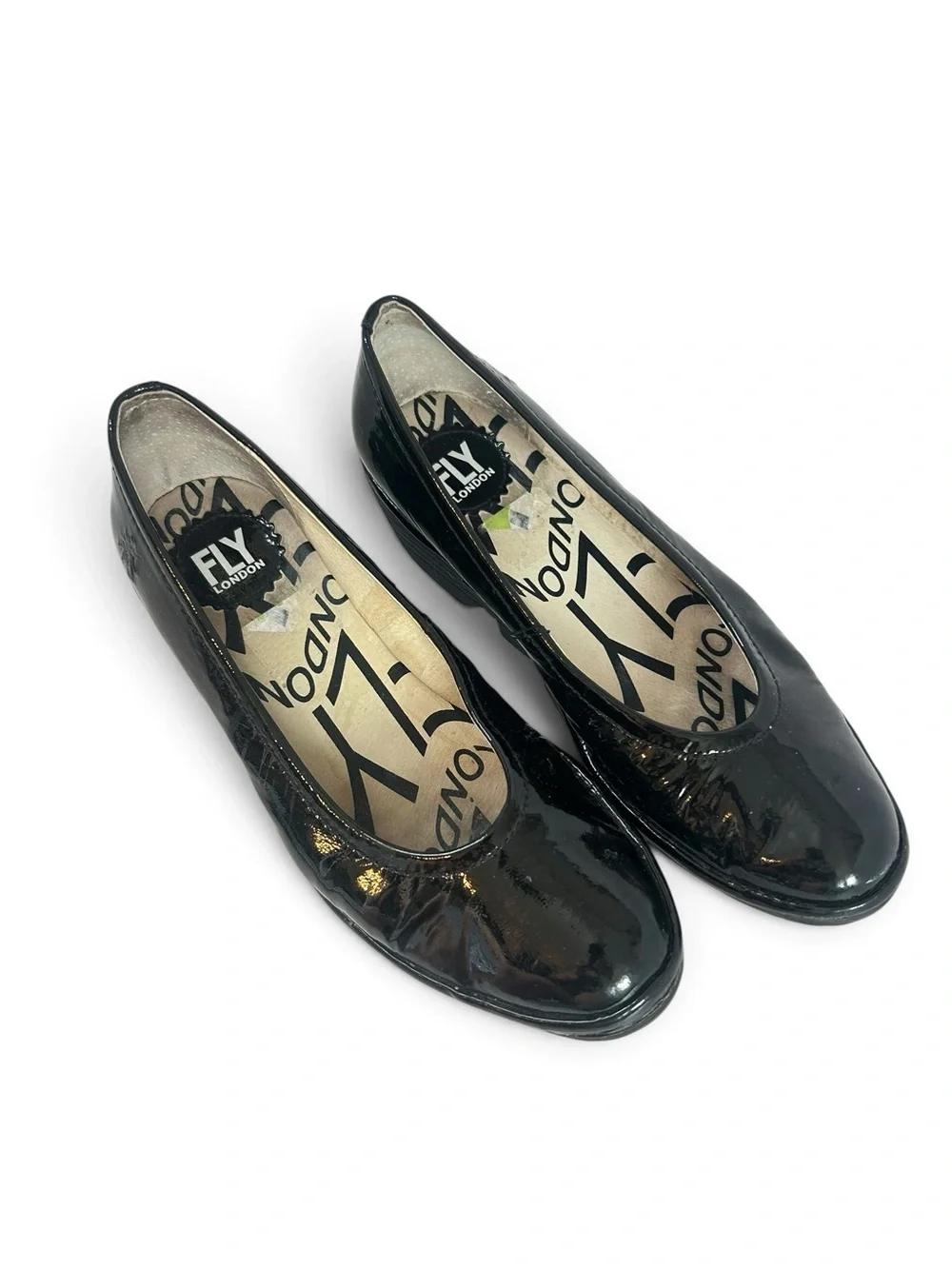 FLY London Yoni Wedge Pump  Black Patent Leather Slip in Size 38 US 7.5-8